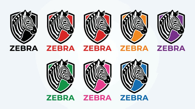 Eight zebra head shield logos in varied colors, bold branding identity, animal symbolism, vibrant palette variations, modern emblem design.