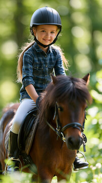 Cute little girl riding small pony in green park, children's equestrian lesson, youth horseback riding, outdoor activity, beginner rider, safe learning environment, summer