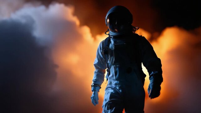 An astronaut emerges from swirling flames and smoke, embodying a moment of bravery and exploration in the vastness of space and the unknown beyond.