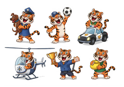 Cute cartoon tiger police officer character set doing different activities like driving a car and holding a trophy