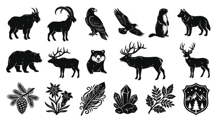 Obraz premium Black and White Engraving Style Nature and Wildlife Icon Set: Alpine Animals, Forest Plants Mountain Elements