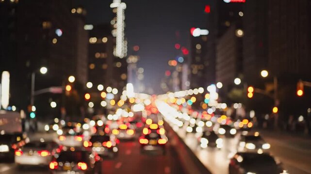 Blurred city traffic lights at night in urban street