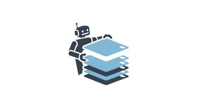 A stylized illustration of a small robot organizing a stack of square digital files