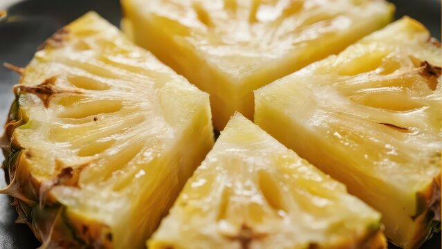 Cut pineapple chunks have plump pale yellow juicy flesh, glowing with fresh sweet tropical flavor of midsummer.