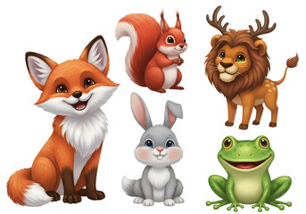 Fototapeta premium Cute cartoon animal set with fox squirrel deer lion and frog characters for kids design