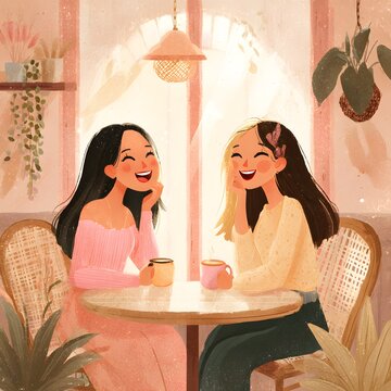 Cute digital illustration of two best friends laughing together in a cozy pastel cafe, warm sunlight through windows, coffee cups, soft pink and beige color palette.