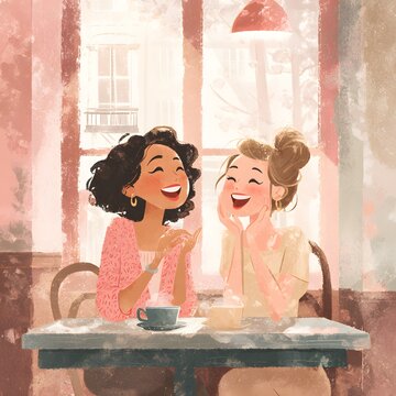 Cute digital illustration of two best friends laughing together in a cozy pastel cafe, warm sunlight through windows, coffee cups, soft pink and beige color palette.