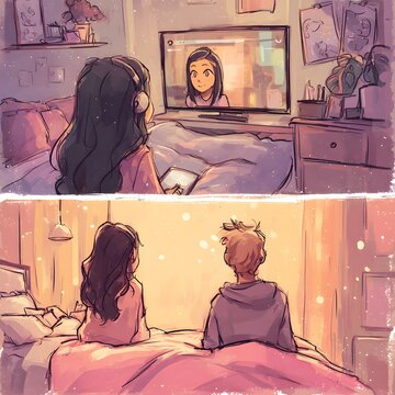 Emotional cute artwork of two long-distance best friends video calling each other from different bedrooms, split-screen composition, cozy lighting.