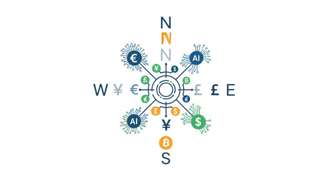 A digital compass design featuring various currency symbols and circuit board patterns