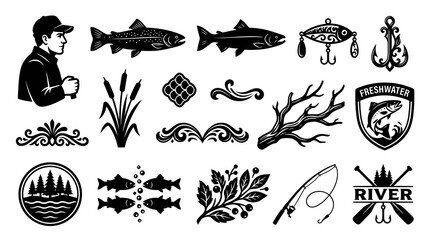 Obraz premium Black and White Fishing Icons and Vector Graphics for Outdoor Activities