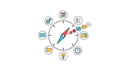 A circular diagram showing various business icons arranged around a central compass needle © Atta