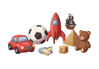 Fototapeta premium Set of colorful pixel art toys including a red car, soccer ball, rocket ship, teddy bear, pirate ship and blocks