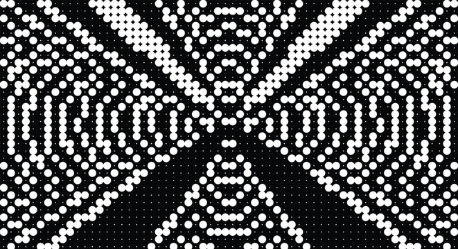 Monochrome geometric halftone seamless pattern. dark background, white optical dotted starburst, wavy cross lines. for minimal retro fashion prints, high tech web ui layouts. vector art.