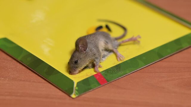 Small gray mouse caught in a yellow sticky trap on the floor. Rodent breathing heavily and trying to get out of sticky paper that is a mousetrap, struggle for survival, harm