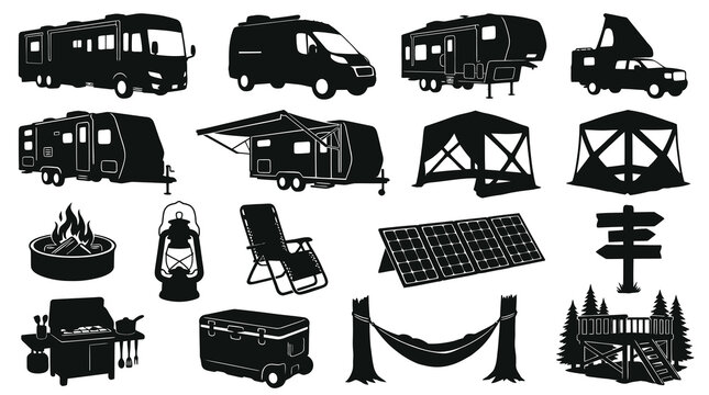 Camping  RV Travel Icons Set: Black  White Glyphs of Outdoor Recreational Vehicles, Gear, and Equipment