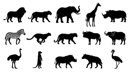 Naklejka premium Black Silhouettes of African Safari Wildlife Animals Vector Icons Set