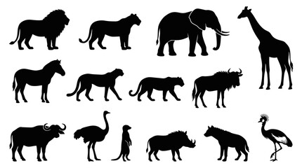 Naklejka premium African Wildlife Silhouette Icons: Lion, Elephant, Giraffe, Zebra, Crane, Buffalo