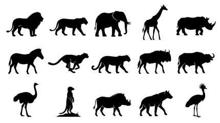 Naklejka premium African Wild Animals Silhouette Vector Icons Collection. Safari Nature Wildlife Mammals and Birds Set.