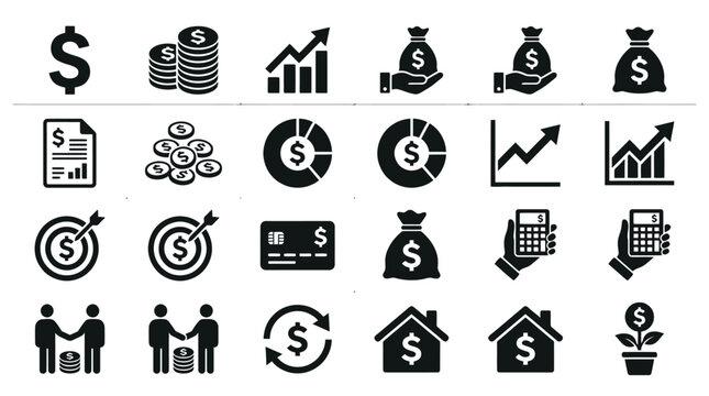 Financial icons, money symbols, business signs, 25 black vector graphics