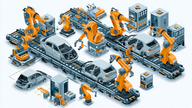 Automated car assembly line with robotic arms in industrial factory setting for manufacturing