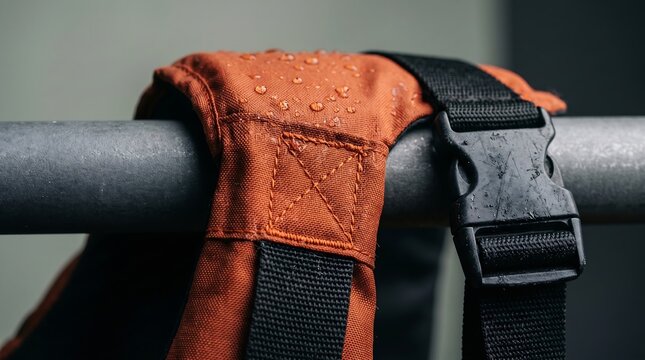 Close-up of an orange life jacket with water drops hanging on a railing