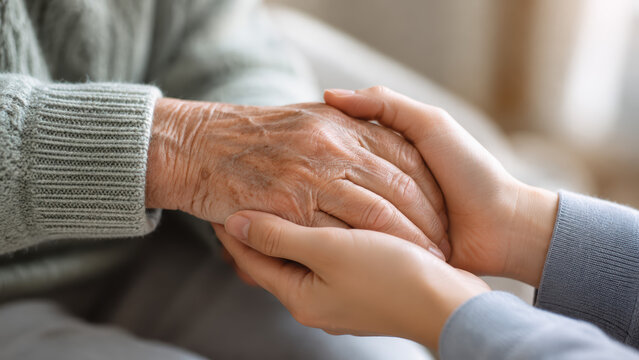 Senior woman with daughter holding hands at home, closeup