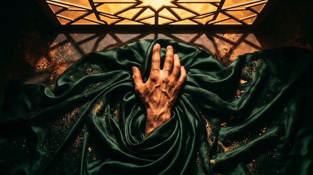 Hand reaching out from green silk fabric under geometric light