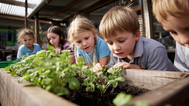 School garden classroom shows children learning about plant growth and nutrition through hands-on experience, perfect for outdoor food education and learning concept. Sustainable learning.