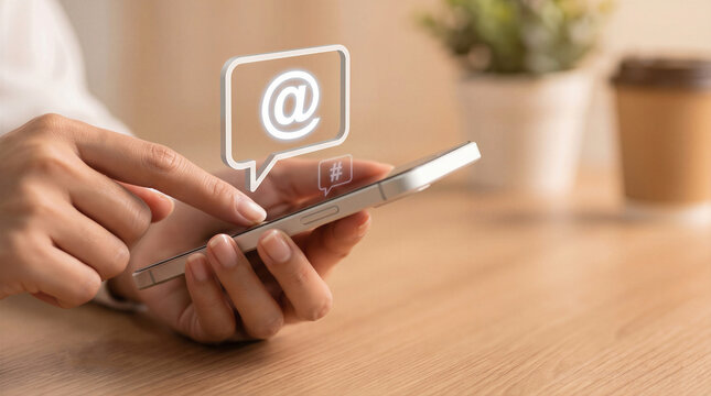 Hands using a smartphone with virtual speech bubbles containing email and hashtag symbols. Concept of social media communication and digital marketing