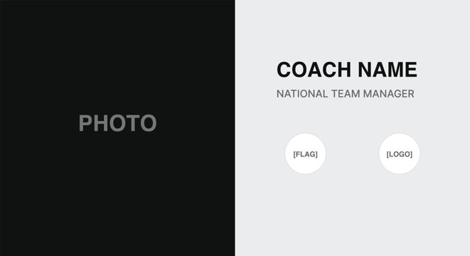 Split screen sports coach profile template. black photo box, manager name text, flag circle, logos. for soccer television broadcast graphics, team media updates. modern vector UI art.