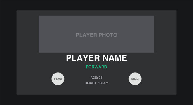 Modern sports player profile template. photo placeholder, text, flag circle, club logo. for football squad announcements, broadcast lower thirds layouts. minimal vector UI graphic.