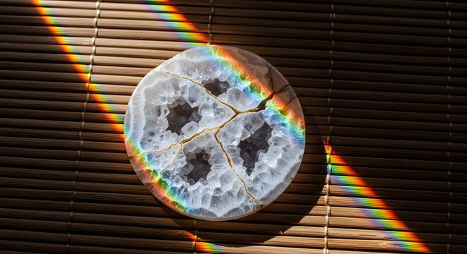 Quartz geode slice displaying natural crystal structure on bamboo mat with rainbow light spectrum refraction and shadows.