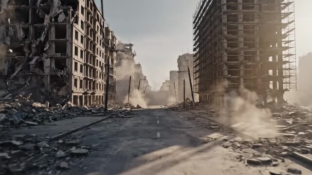 A desolate urban landscape features crumbling high-rise buildings and hollowed structures along a debris filled street as smoke rises persistently from the devastation of a recent violent