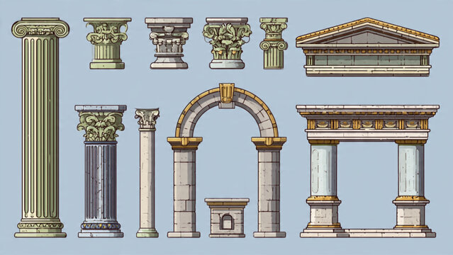 Collection of classical Roman and Greek architectural columns and entablatures in neutral tones