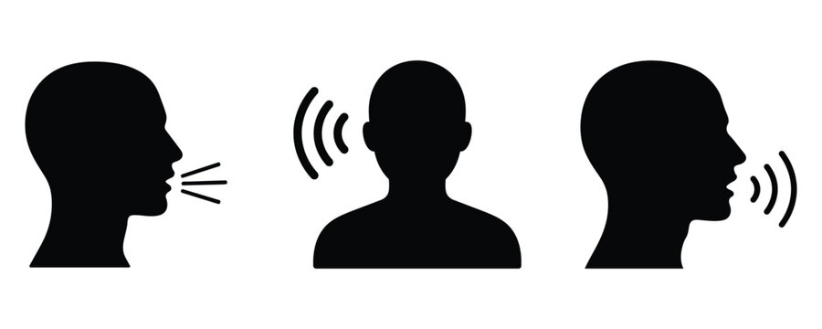 Black silhouettes of people communicating icons with sound waves on white background. Talking and Listening Speech Vector illustration
