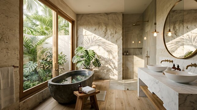 Luxury Tropical Bathroom with Freestanding Stone Bathtub and Indoor Garden View