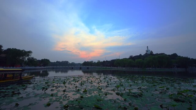 Sunset over Lotus Pond and White Stupa at Beihai Park, Beijing in Beihai Park, Beijing, China