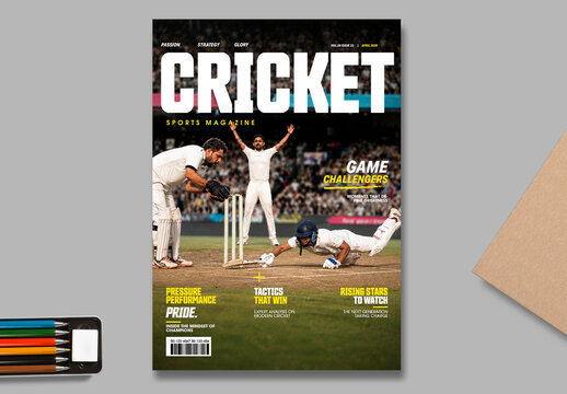 Modern Cricket Sports Magazine Cover Template With Dynamic Bold Editorial Typography