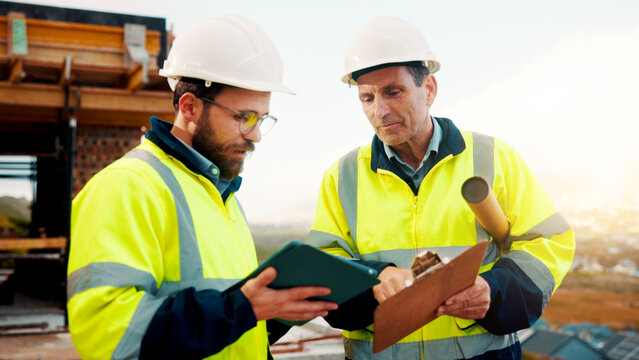 Architect, team and tablet with checklist for construction planning, project timeline or blueprint. Tech, clipboard or men talking outdoor for site inspection, safety regulations or building progress