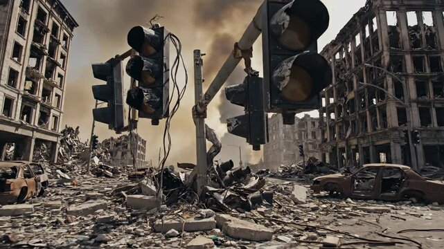 A harrowing view depicts the aftermath of a devastating urban conflict where broken traffic lights hang over ruined buildings and piles of rubble scattered across a decimated city center