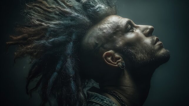 Man with wild. multi colored dreadlocks and piercing eyes. dramatically lit with an intense gaze.