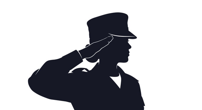 Silhouette of a man in military uniform saluting with his right hand on a white background