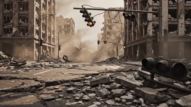 A view of a devastated urban street scene shows crumbling buildings and heavy debris scattered across the road after a massive disaster has impacted the architecture of this once busy city