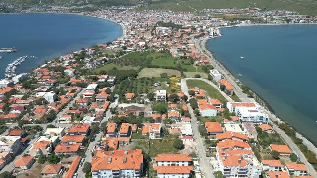 Aerial View of Candarli Peninsula and Coastal Town with Turquoise Aegean Sea, Izmir, Turkey. High quality 4k footage