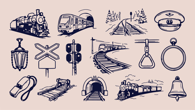 Railway transit bridge doodle, modern urban travel sketch, minimalist train journey art, clean railroad illustration, premium commuter transport vector, isolated bridge symbols, iconic rail elements, 