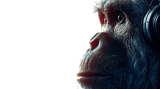 Close up portrait of a chimpanzee wearing black headphones. looking to the side. detailed fur. whi