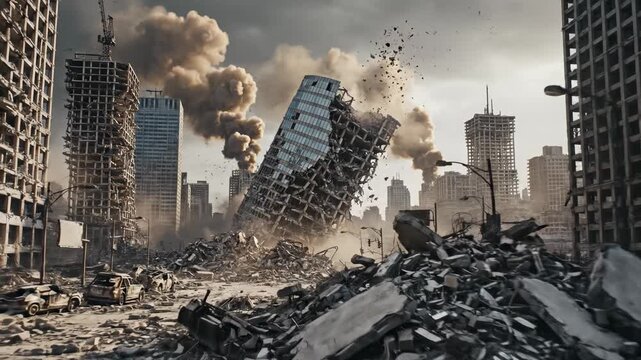 A massive skyscraper falls down amidst a chaotic urban war zone filled with thick smoke and rubble as the entire metropolitan landscape undergoes total structural collapse during a dire