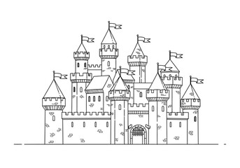 Detailed Line Art Drawing of a Majestic Medieval Castle with Towers and Flags. © Jepry