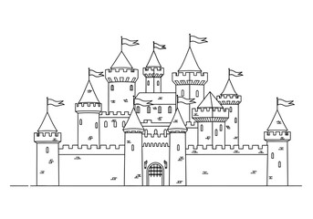 Medieval Castle with Towers and Flags Line Art Drawing. © Jepry
