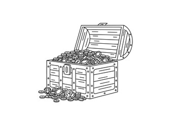Open Treasure Chest Overflowing with Gold Coins Line Art. © Jepry